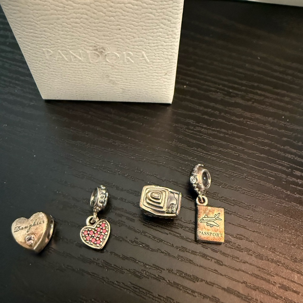 Pandora Silver and Pink Heart Charm Collection. Slightly tarnished but unworn.